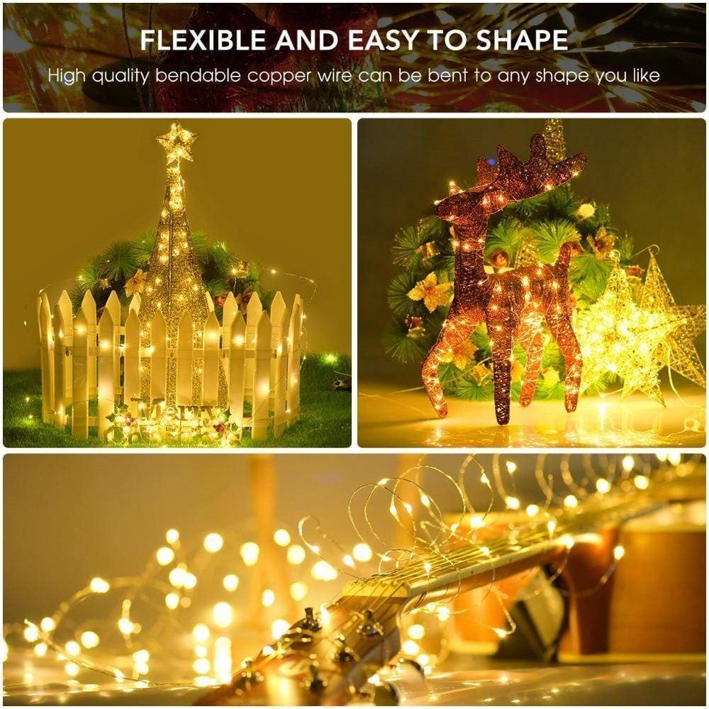Belro outdoor string solar lights with clear cable, hanging in a garden setting, illuminating outdoor space at dusk.
