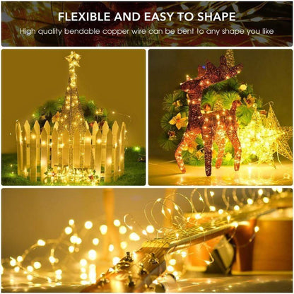 Belro outdoor string solar lights with clear cable, hanging in a garden setting, illuminating outdoor space at dusk.