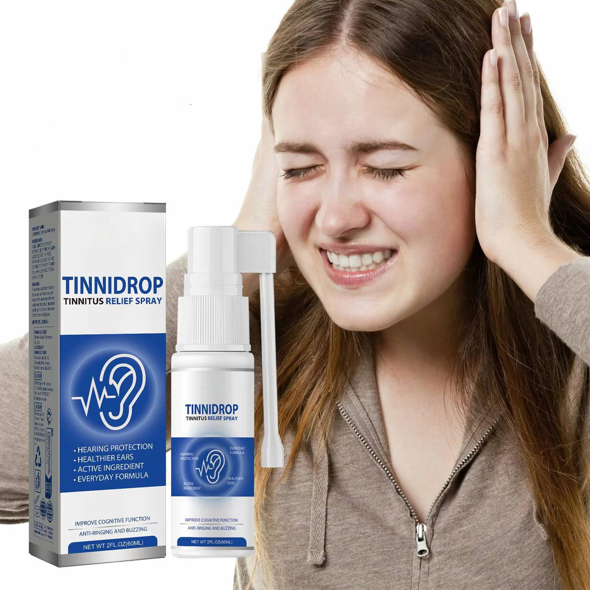 Belro 2-pack tinnitus ringing ears drops in a health and beauty set, showing bottles of ear relief drops on a white background.