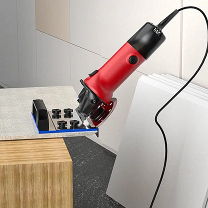 Mivoza angle grinder tile holder for 45° bevel cuts, vibration-free, precise tile cutting guide for power tools.