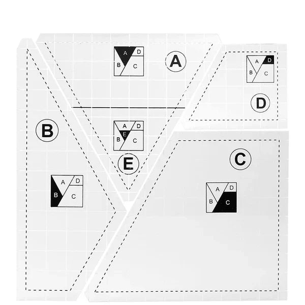 Set of four Creative Quilting Cutting Templates by Belro for clothing design, featuring various shapes for precise fabric cutting.