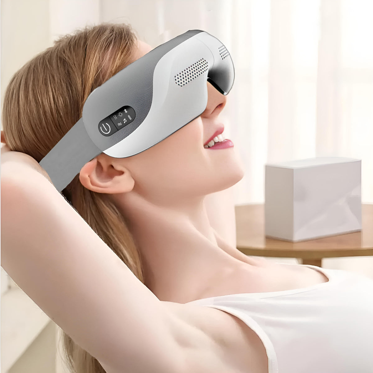 Belro eye massager with adjustable straps and cushioned eye cups, designed for relaxing eye health and stress relief.