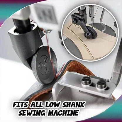 Belro Leather Roller Presser Foot for men's clothing, showing the metal and leather components in close-up for sewing and tailoring.