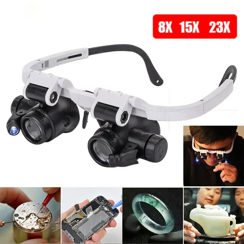 Belro LED glasses magnifier with adjustable 8x, 15x, 23x lenses, headband, and built-in LED light for detailed viewing.