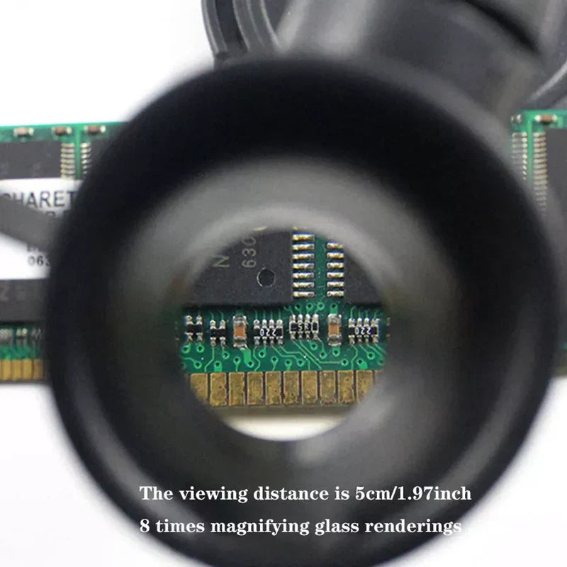 Belro LED glasses magnifier with headband featuring adjustable 8x, 15x, and 23x magnification and built-in LED light for detailed viewing.