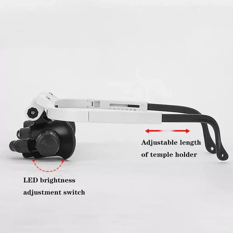 Belro LED glasses magnifier with headband, featuring 8x, 15x, and 23x magnification, includes built-in LED light for detailed viewing.