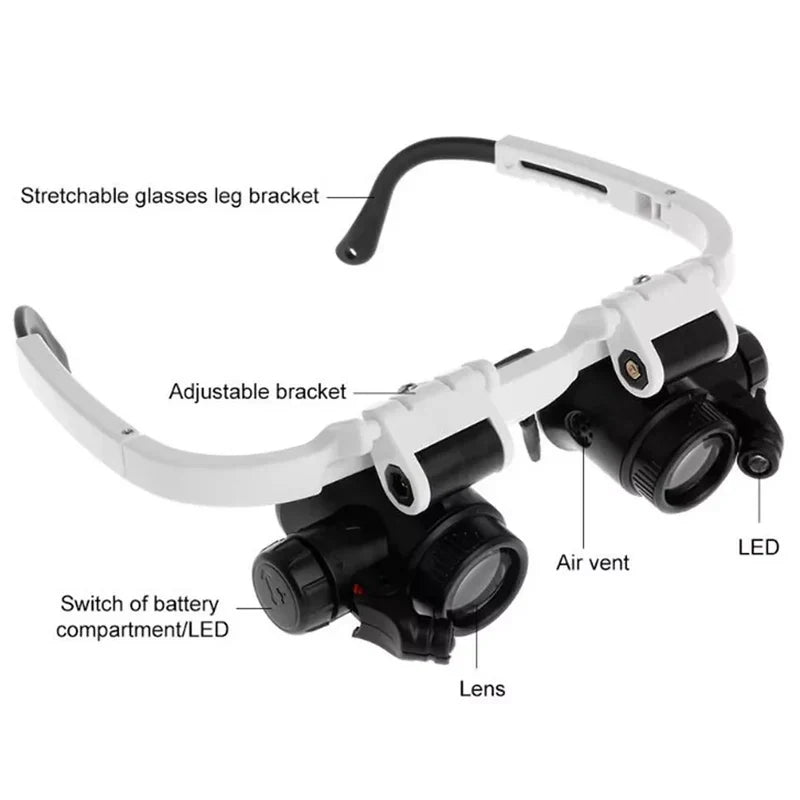 Belro LED glasses magnifier with headband, featuring 8x, 15x, and 23x zoom, with built-in LED light for detailed viewing.