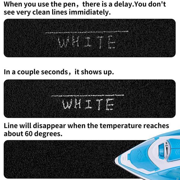 Set of 16 Belro heat erasable fabric marking pens for men’s clothing, shown with black ink markings on fabric.