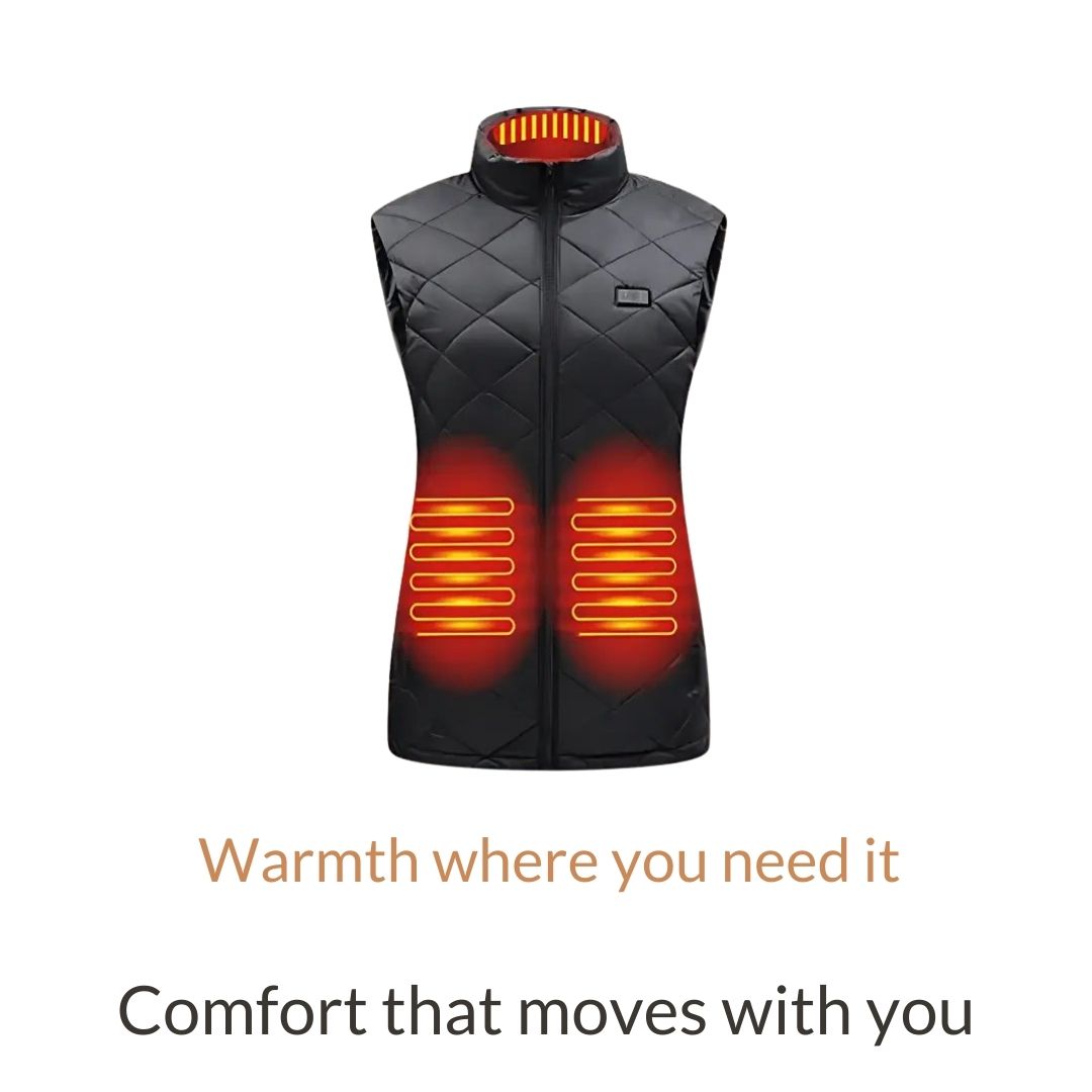 Women’s heated gilet by Belro, lightweight activewear vest with built-in heating elements, designed for warmth and comfort.