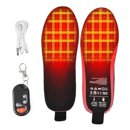 Belro rechargeable heated shoe insoles inserted into footwear, providing warmth and comfort for cold weather.