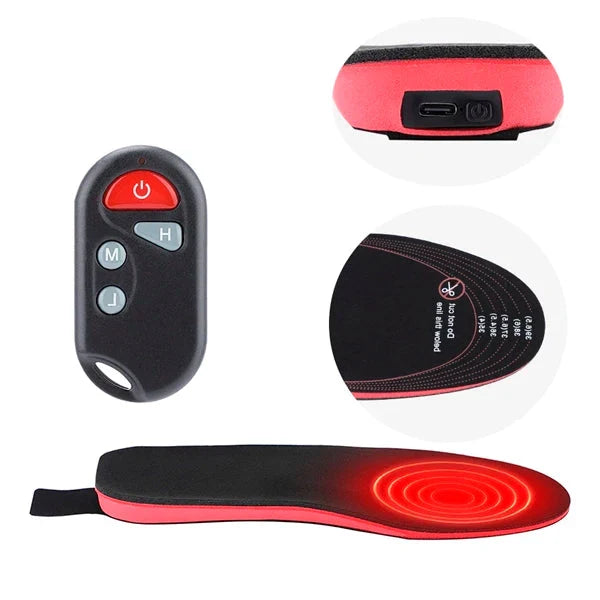 Belro rechargeable heated shoe insoles inside footwear, showing the electric inserts designed for warmth and comfort.