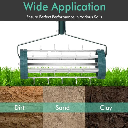 Heavy-duty manual lawn spike soil aerator by Belro, designed for aerating soil to improve grass health and growth.
