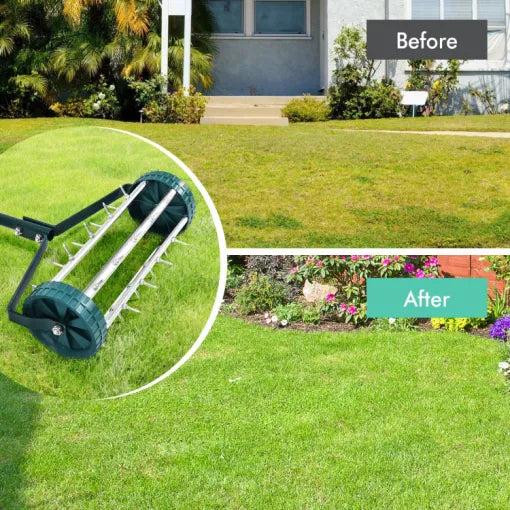 Belro heavy-duty manual lawn spike soil aerator for men, with sturdy handle and metal spikes for soil aeration.