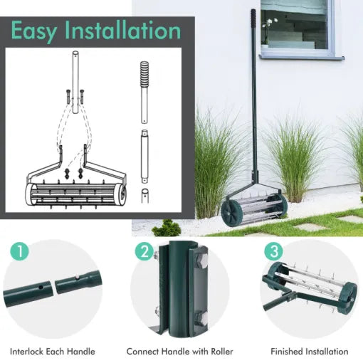 Belro heavy-duty manual lawn spike soil aerator for men, showing the sturdy metal tools designed for aerating soil.