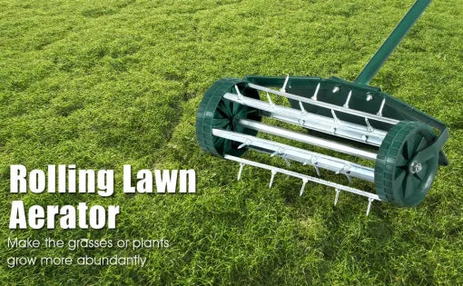 Belro heavy-duty manual lawn spike soil aerator for men, featuring sturdy metal tines for aerating soil in gardening tasks.
