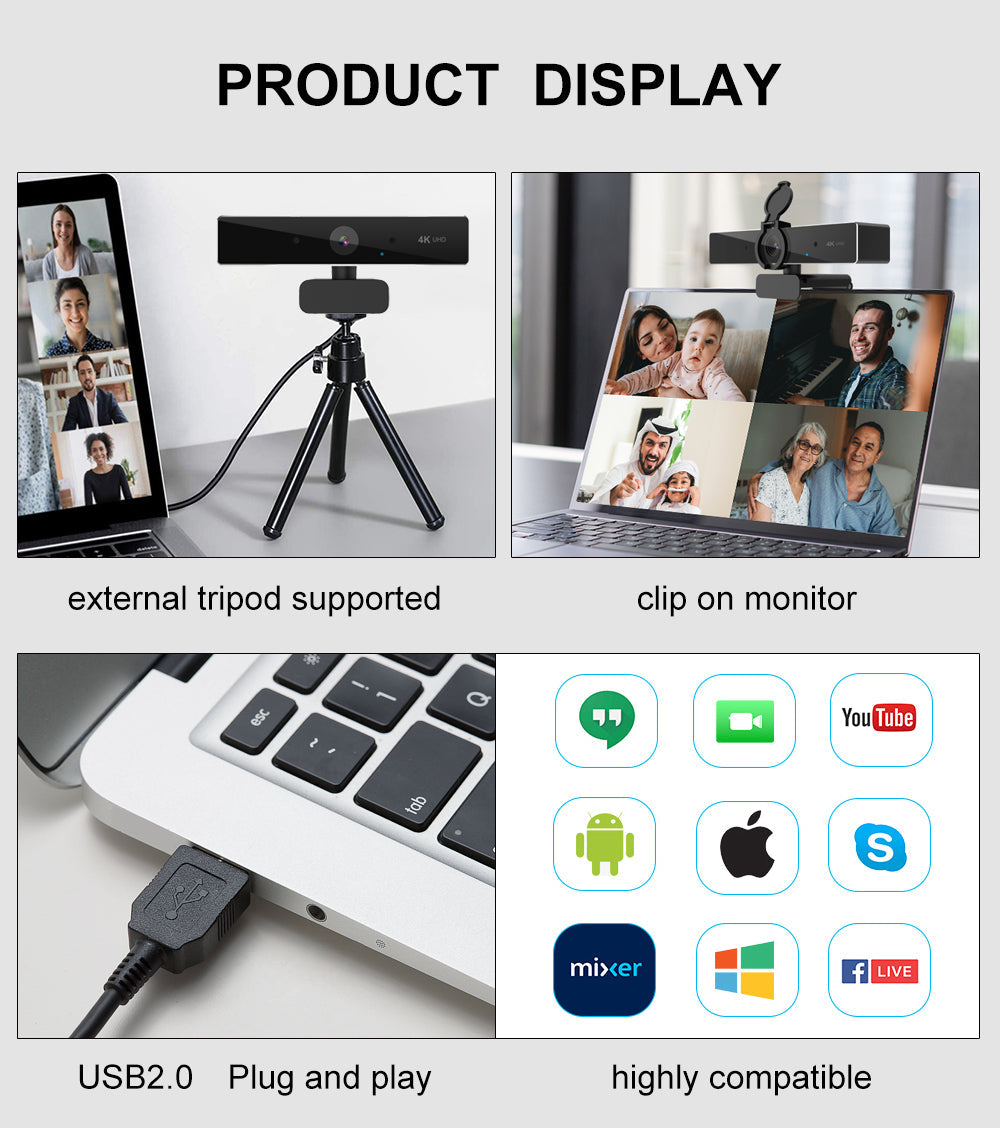 Belro 4K Ultra High Resolution Webcam showing lens and built-in microphone for clear video and audio communication