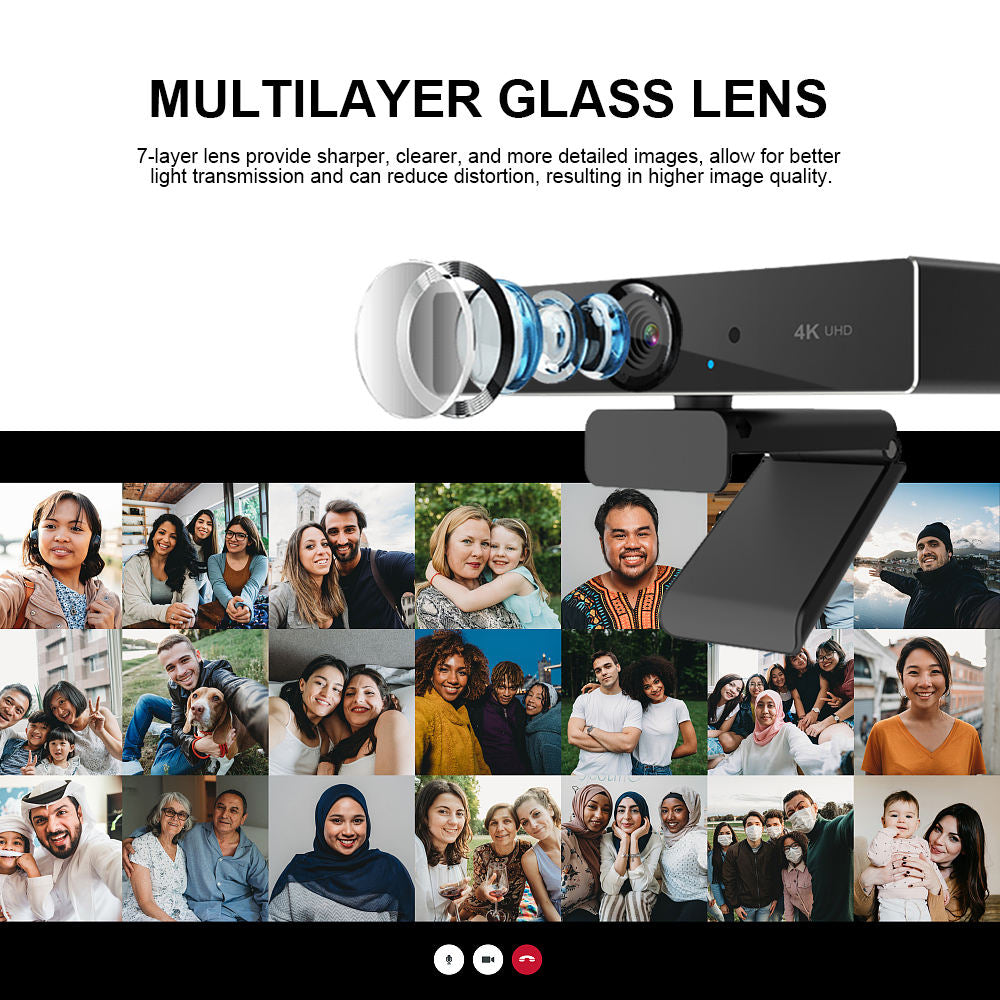 Belro 4K Ultra High Resolution Webcam showing black camera with adjustable stand, ideal for streaming and video calls.