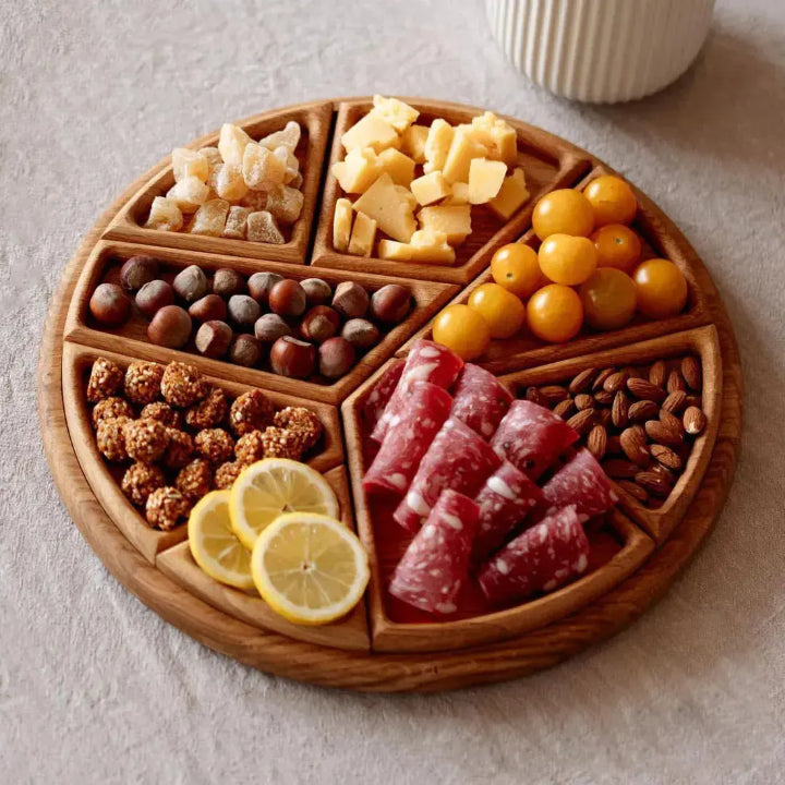 Wooden snack serving tray by Mivoza, stylish and versatile for home entertaining and relaxing moments in the kitchen.