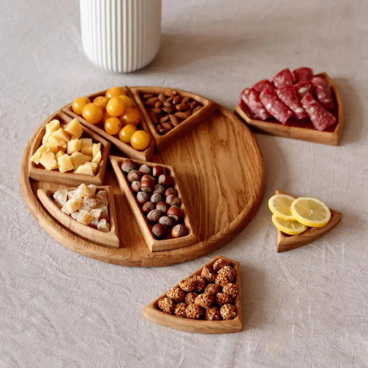 Wooden snack serving tray by Mivoza, stylish and versatile for kitchen or dining use, perfect for serving snacks and beverages.