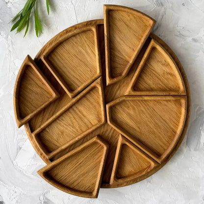 Wooden snack serving tray by Mivoza, decorative and versatile for serving food and drinks in home and kitchen settings.