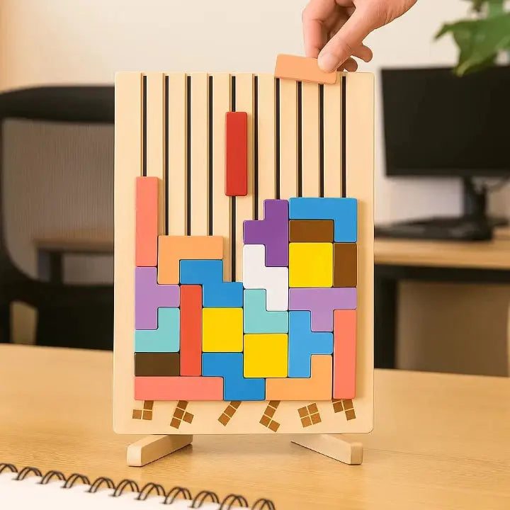 Wooden Tetris puzzle board by Mivoza featuring colorful wooden pieces for brain teaser and tangram strategy game on a desk.