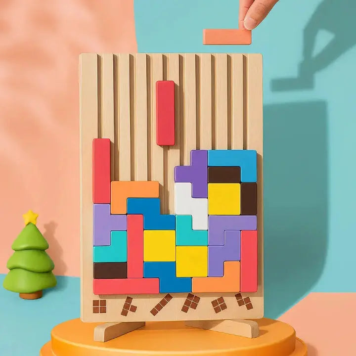 Wooden Tetris puzzle board by Mivoza featuring colorful wooden pieces for brain teaser and tangram strategy game.