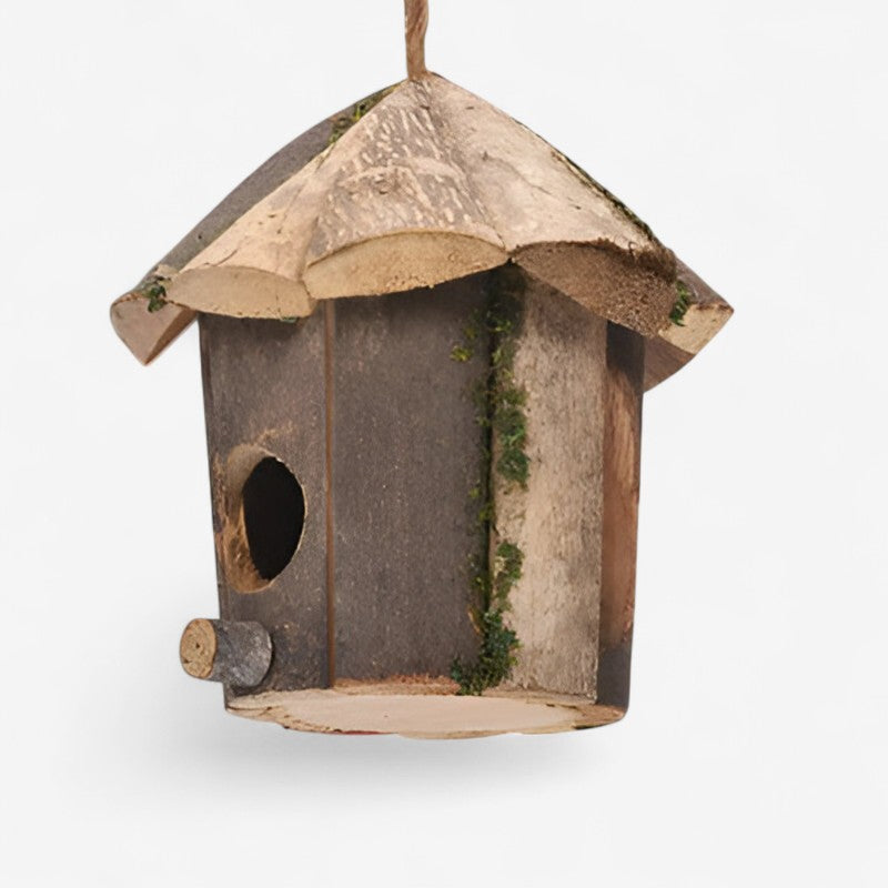 Rustic wooden bird house with hanging cord, weatherproof design, suitable for garden bird nesting, by Mivoza.