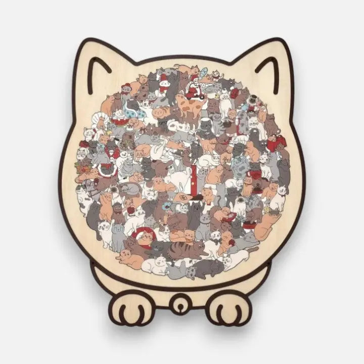 Wooden cat puzzle by Mivoza featuring 3D shape sorter, educational wooden toy for kids, perfect for home and learning activities.