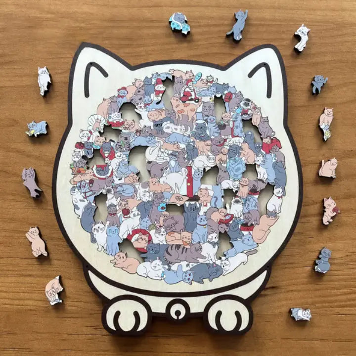 Wooden cat puzzle 3D shape sorter by Mivoza, featuring colorful wooden pieces and a playful cat design for kids’ educational fun.