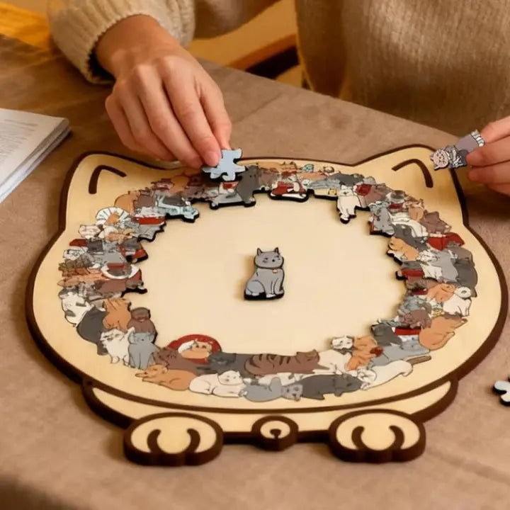 Wooden cat puzzle by Mivoza featuring colorful 3D shapes, perfect for kids' educational and hobby activities in home and living.