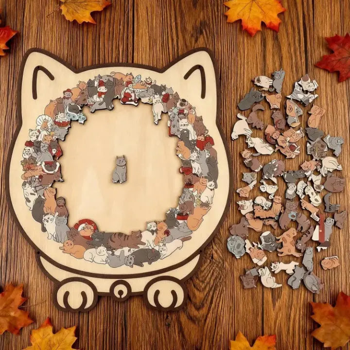 Wooden cat-shaped 3D puzzle by Mivoza, a children’s educational shape sorter toy for home and living hobbies.
