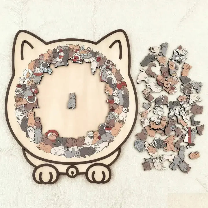 Wooden cat puzzle 3D shape sorter by Mivoza, educational wooden toy for kids, featuring colorful geometric shapes and a playful design.