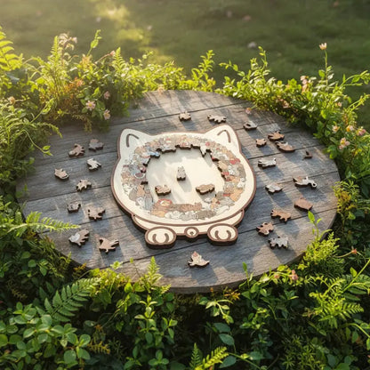Wooden cat-shaped 3D puzzle by Mivoza, colorful shape sorter toy for kids, made of natural wood, educational and fun home activity.