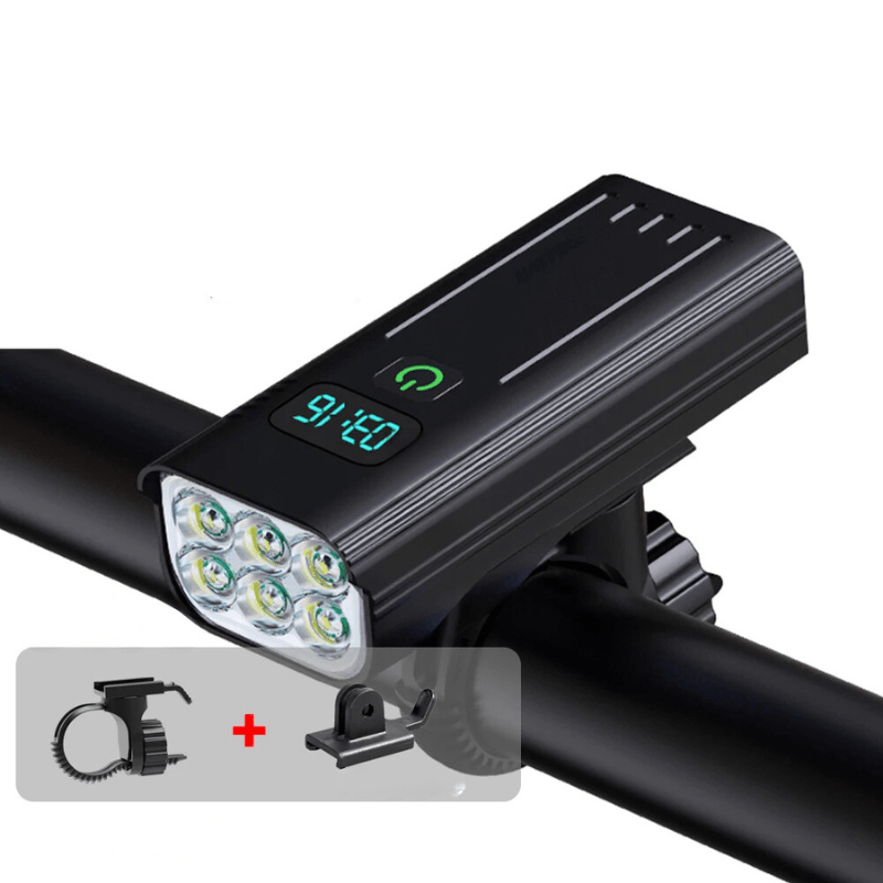 Belro 5000 Lumen bike light with 12 LEDs and USB-C rechargeable battery, compact flashlight for cycling visibility.