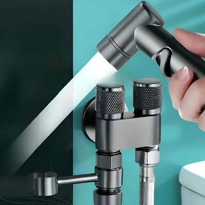 Belro revolutionary toilet shower faucet installed on a bathroom wall, showcasing the modern hardware tool for bidet functionality.