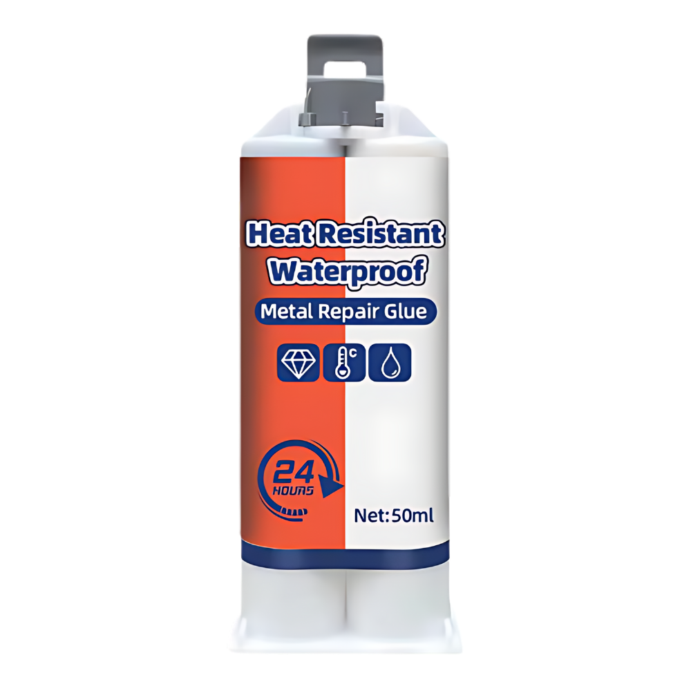 Belro waterproof metal repair glue with strong adhesive properties, shown in a close-up of the product tube.