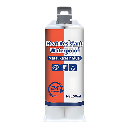 Belro waterproof metal repair glue with strong adhesive properties, shown in a close-up of the product tube.