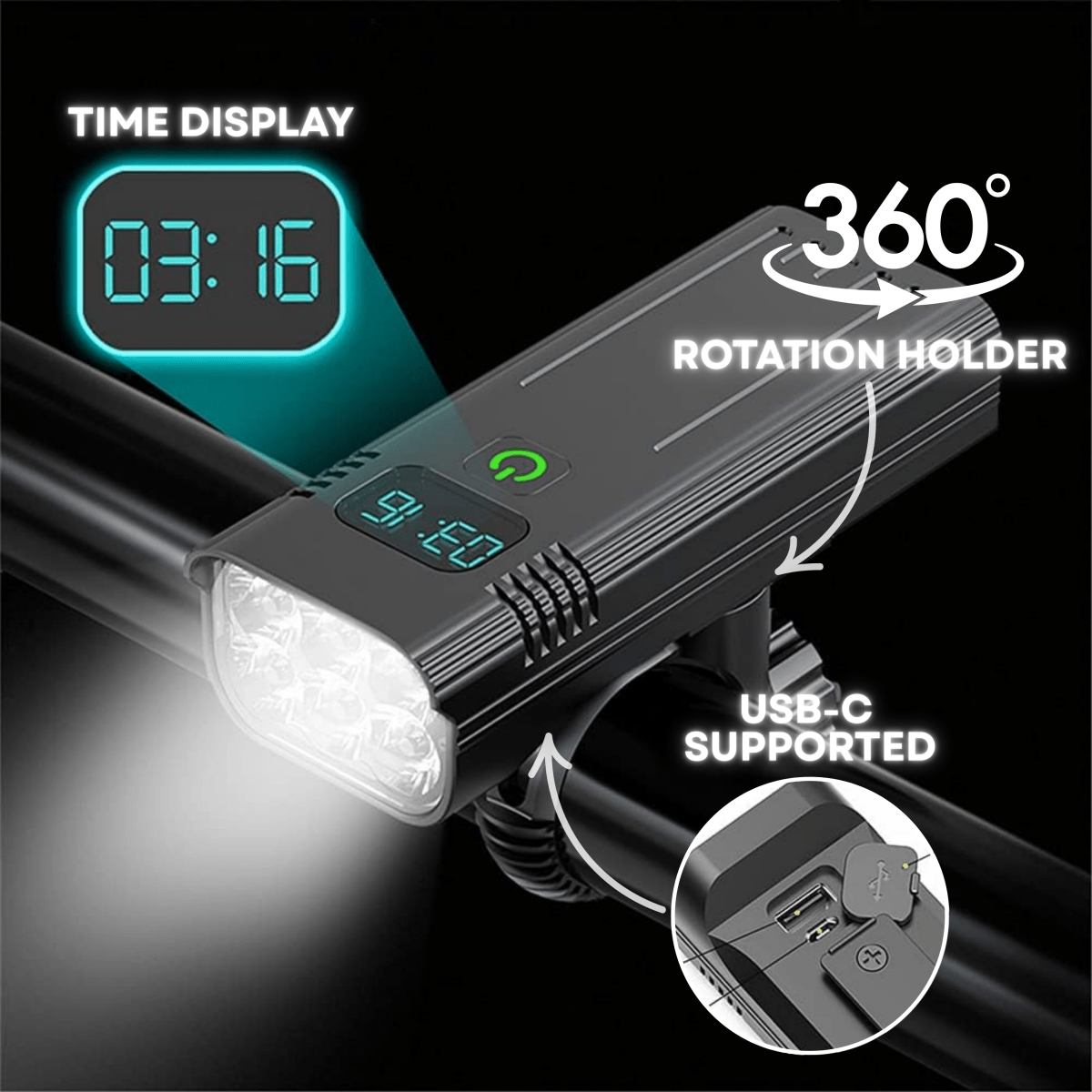 Belro 5000 Lumen bike light with 12 LEDs and USB-C rechargeable battery, mounted on a bike handlebar for bright illumination