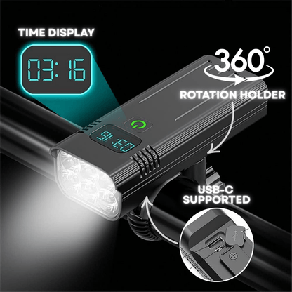 Belro 5000 Lumen bike light with 12 LEDs and USB-C rechargeable battery, mounted on a bike handlebar for bright illumination
