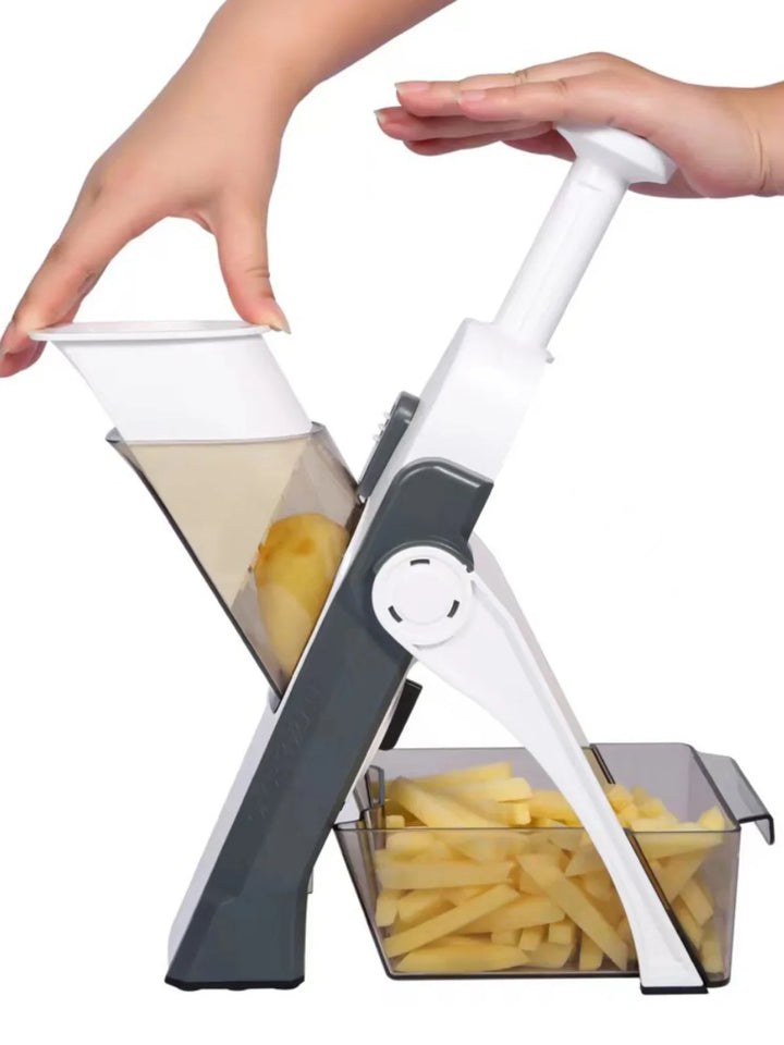 Belro kitchen slicer with adjustable thickness and collection container for versatile slicing in home and dining kitchen.