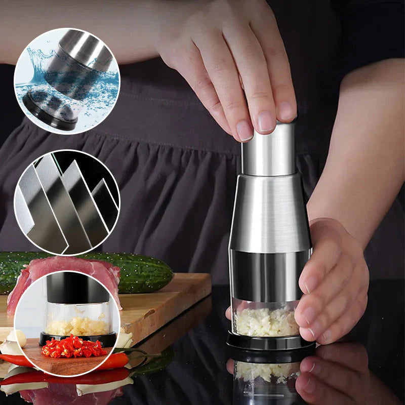 Belro compact garlic chopper for fine chopping, showing stainless steel blades and ergonomic handle on a kitchen countertop.