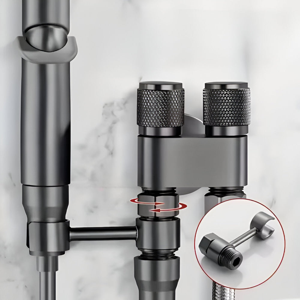 Belro revolutionary toilet shower faucet showing sleek metal design with adjustable handle and hose attachment.