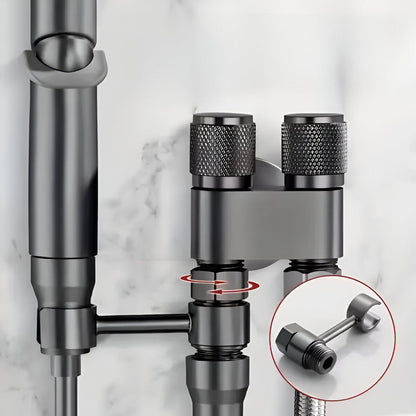 Belro revolutionary toilet shower faucet showing sleek metal design with adjustable handle and hose attachment.