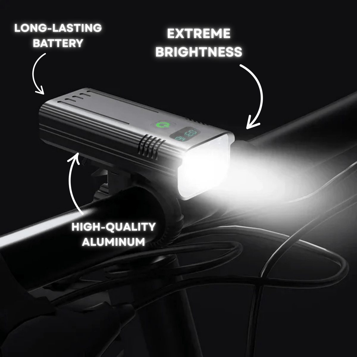 Belro 5000 Lumen bike flashlight with 12 LEDs and USB-C rechargeable battery, bright cycling light for nighttime riding.