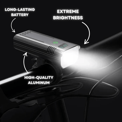 Belro 5000 Lumen bike flashlight with 12 LEDs and USB-C rechargeable battery, bright cycling light for nighttime riding.
