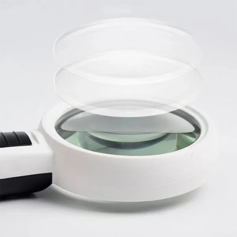 Belro 30x optical magnifier with built-in LED light, showing the magnifier lens and LED light panel for detailed close-up viewing.