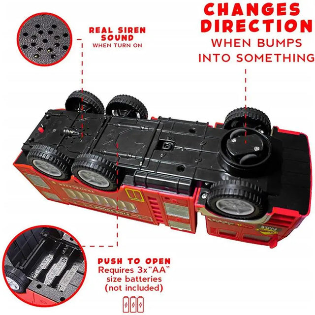 Belro electric fire engine toy for children with lights, featuring detailed automotive design and colorful fire truck details.