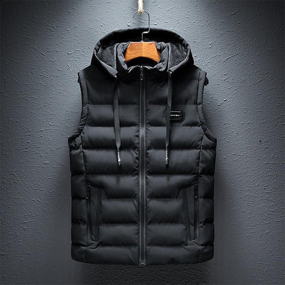 Belro plain hooded vest in neutral fabric, front view showing adjustable hood and sleeveless design for casual wear.