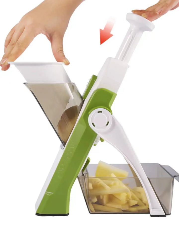 Belro kitchen slicer with adjustable thickness, stainless steel blade, and collection container for precise food slicing.