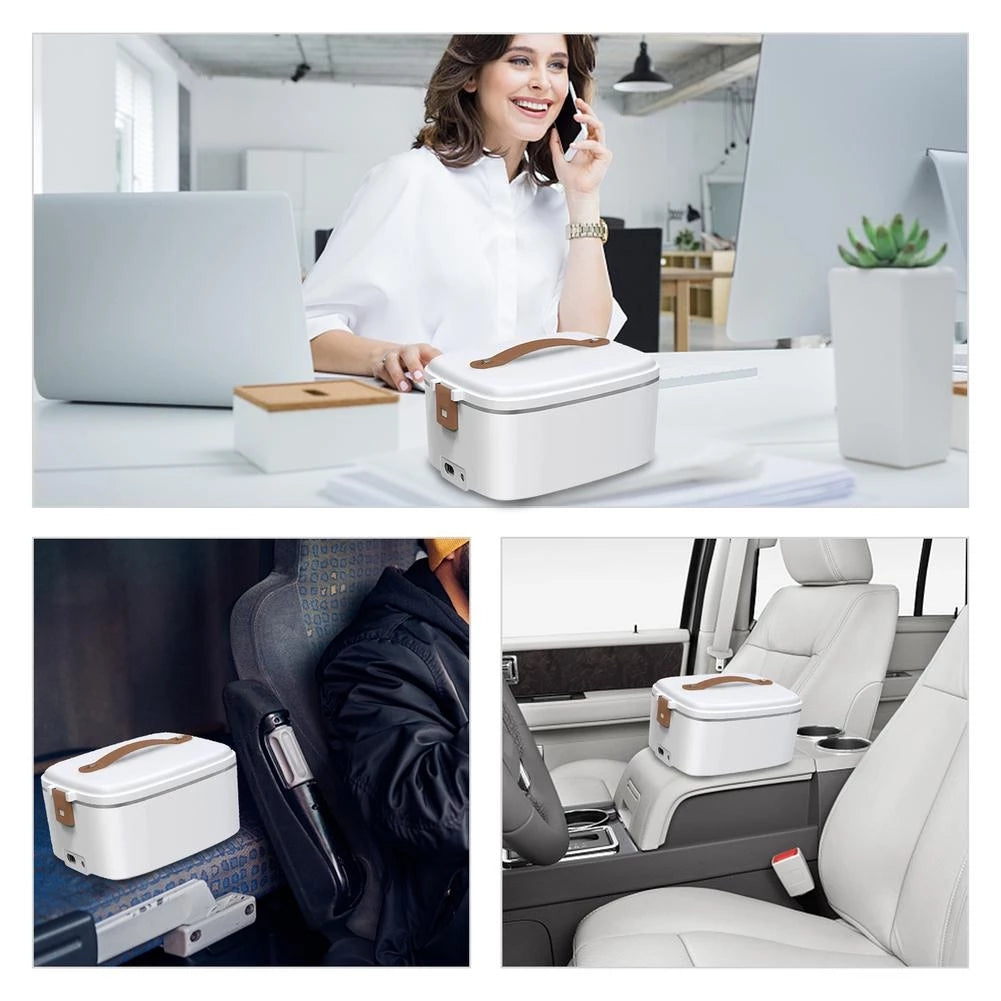 Belro 3-in-1 electric lunch box with portable design, featuring compartments for meals, suitable for travel and office use.